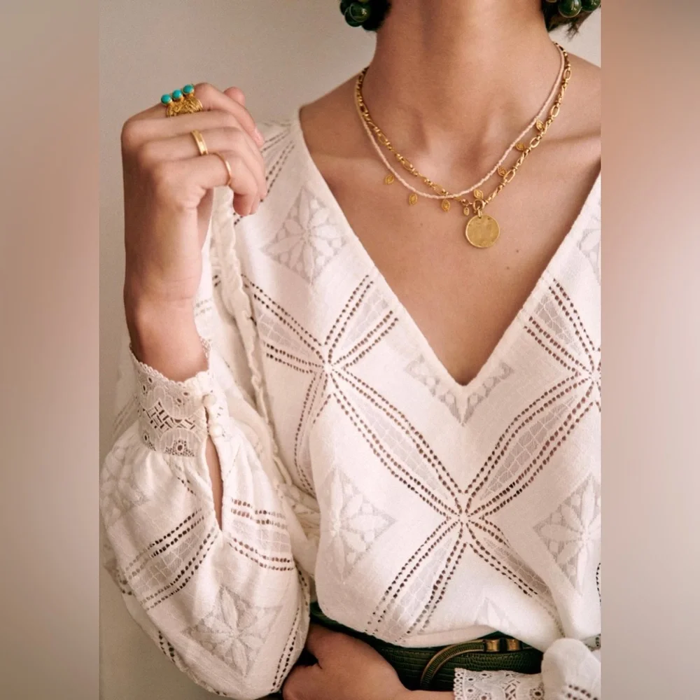 Sezane White Eyelet V-Neck Blouse - Picture 1 of 6